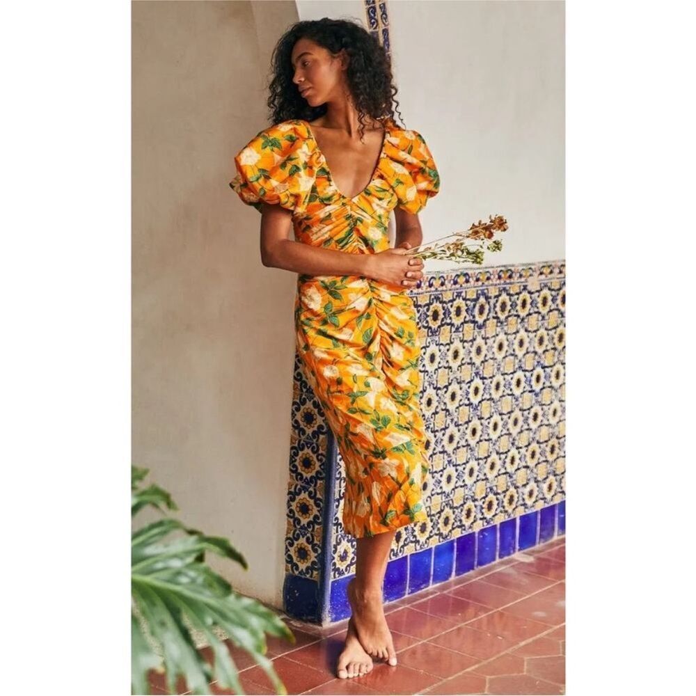 Agua by Agua Bendita Camelia Sabanero Dorado floral-printāmidi dress S